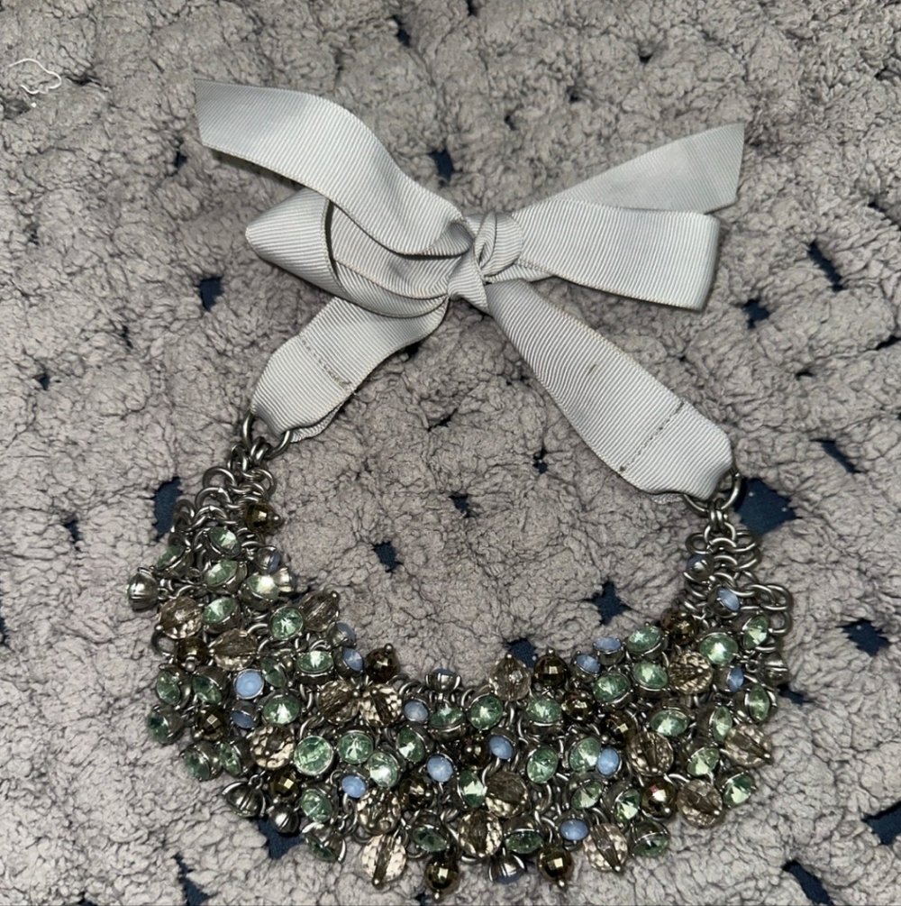 Vintage Abercrombie And Fitch Elegant Silver and Green Statement Bib Necklace